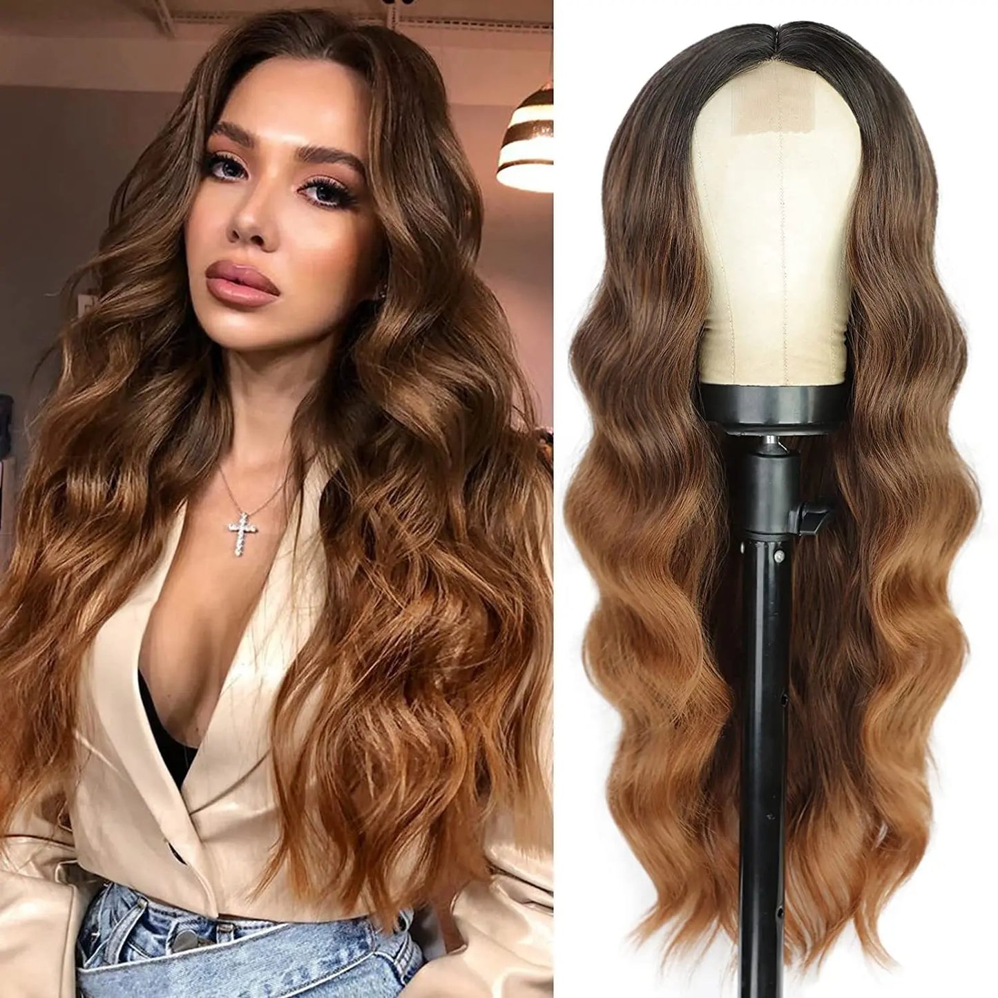 26-Inch Synthetic Ombre Blonde Wavy Wig for Women — Long Middle Part Curly Heat-Resistant Hair Fiber