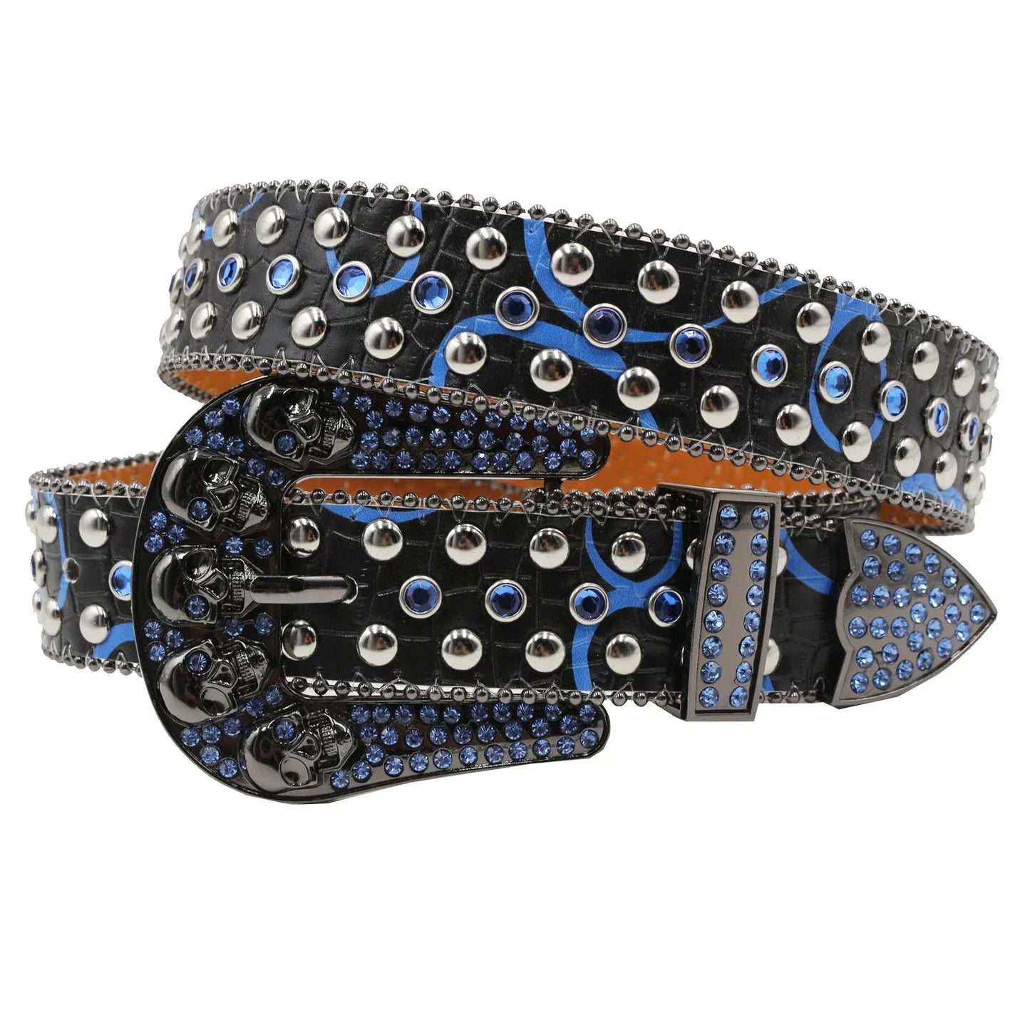 Women’s Rhinestone Skull Leather Belt – Luxury Designer Studded Strap for Jeans, White & Black