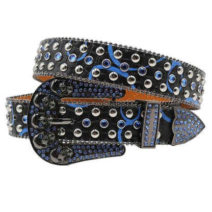 Women’s Rhinestone Skull Leather Belt – Luxury Designer Studded Strap for Jeans, White & Black