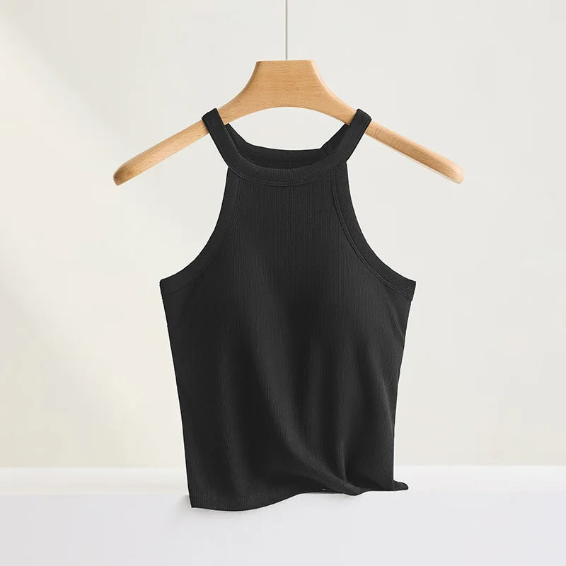 Women’s Threaded Halter Neck Camisole Top – Built-in Bra Slim Fit Elastic Breathable Sling Tank Top with Fixed Cups Underwear Style Basic Wear