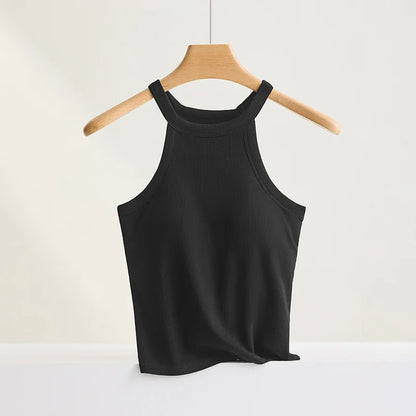Women’s Threaded Halter Neck Camisole Top – Built-in Bra Slim Fit Elastic Breathable Sling Tank Top with Fixed Cups Underwear Style Basic Wear