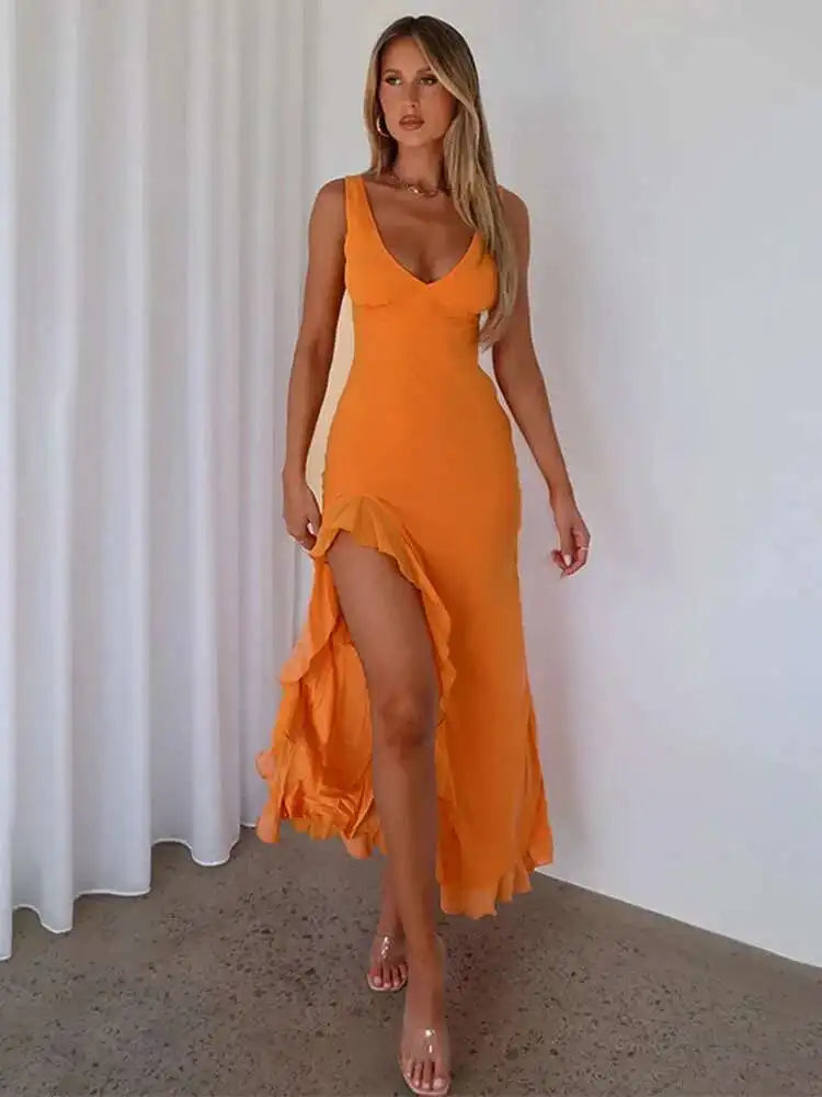 Avrilyaan Women’s Ruffle High Split Backless Midi Dress – Elegant Sexy Evening Party Summer Robe, Slim Fit Fashion Vestido 2024
