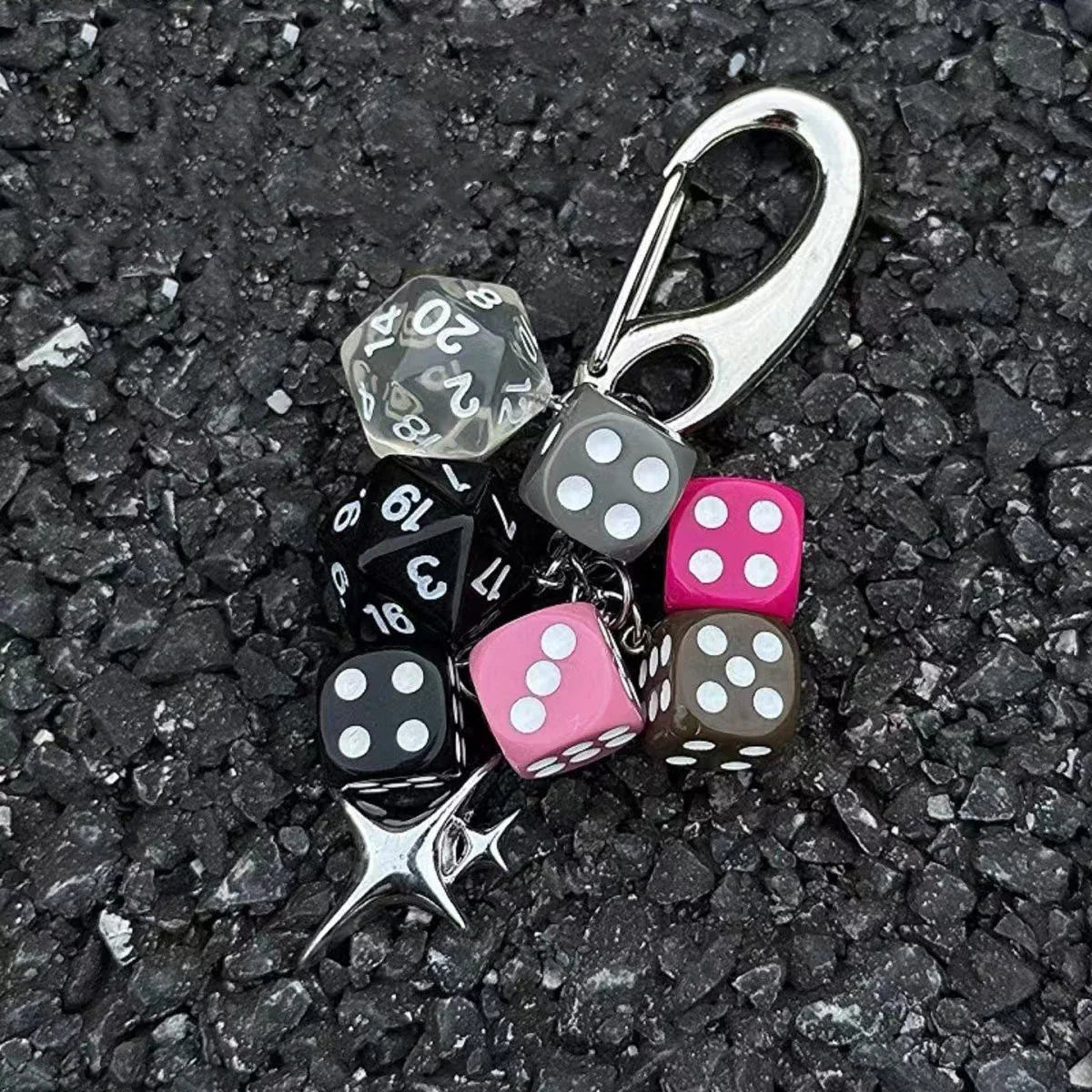 Hip-Hop Black Dice Keychain – Y2K Pink Lucky Dice & Starburst Pendant Bag Charm Punk Accessory