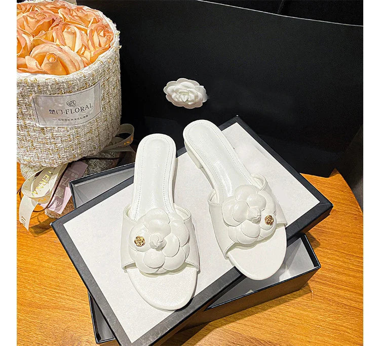Luxury Women’s Flower Slippers — Camellia Open-Toe Slides for Home & Outdoor, Ladies Flip Flop Sandals