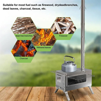 Hot Tent Wood Burning Stove – Portable Unho Stove with 6 Stainless Chimney Pipes for Outdoor Heating & Cooking