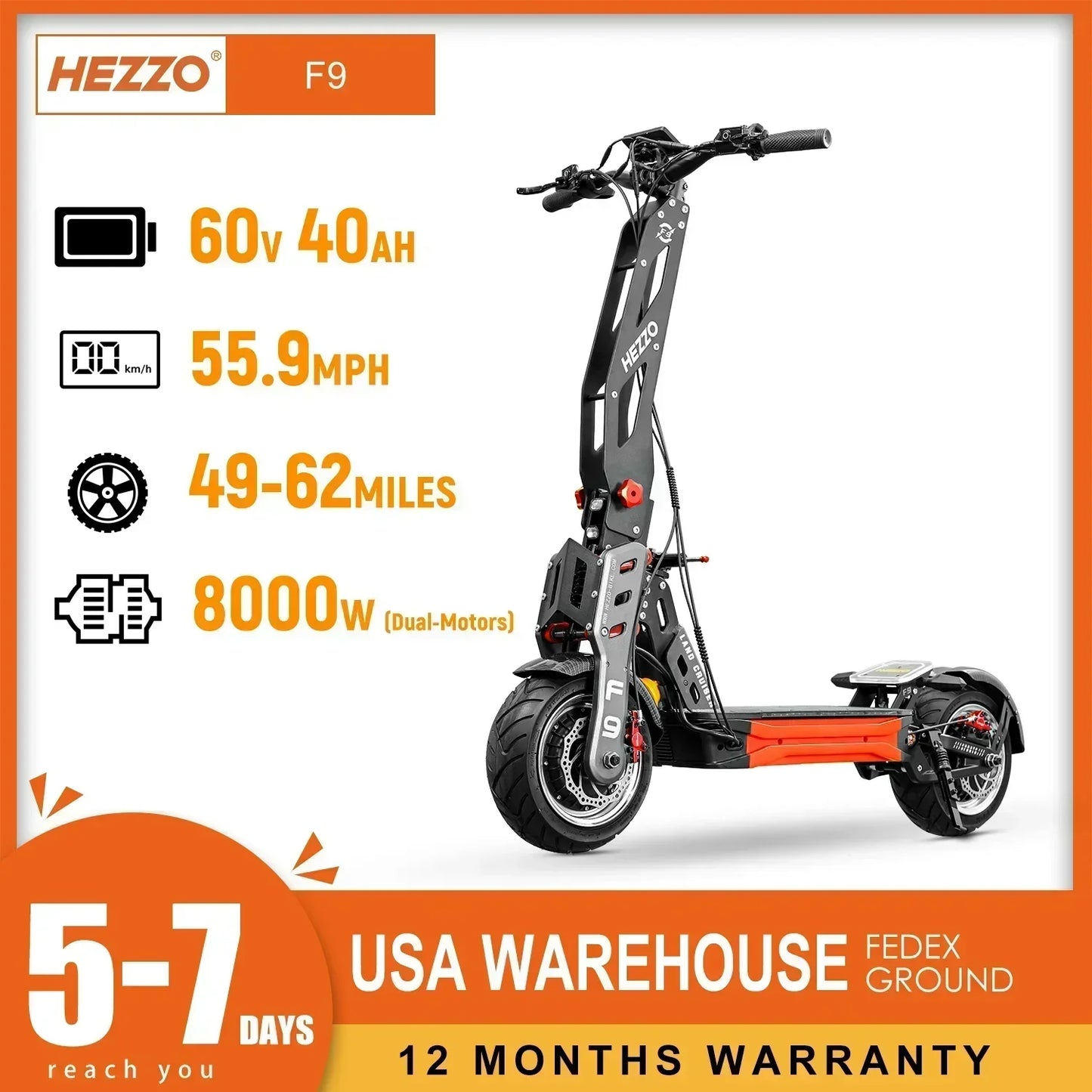 F9 Electric Scooter HEZZO – 60V 8000W Dual Motor, 40AH Lithium Battery, 100km/h, 12-Inch Fat Tires