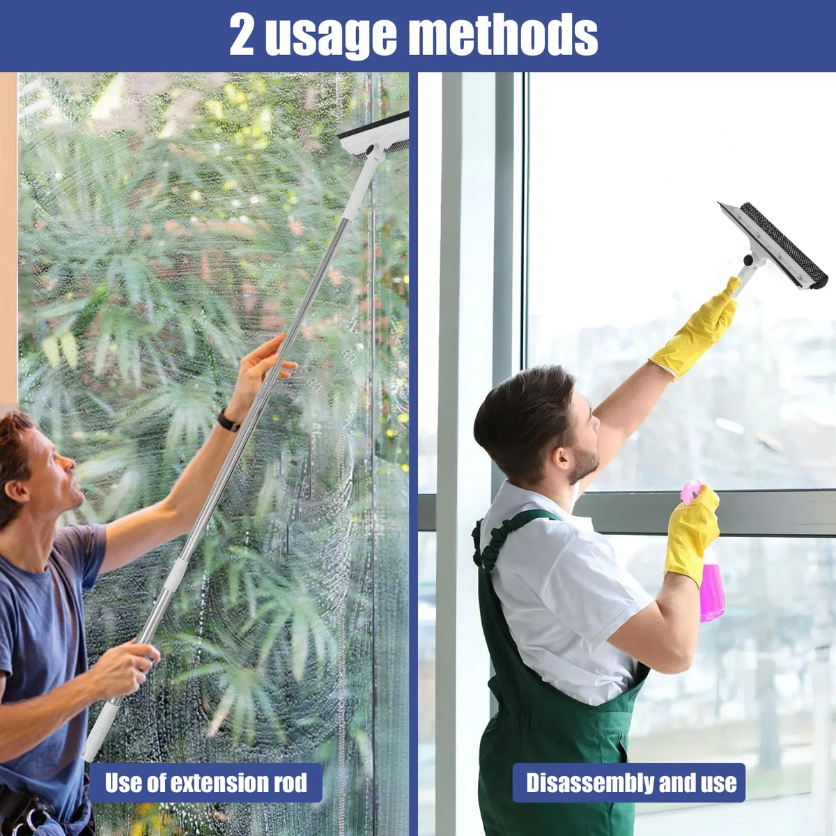 53-Inch Extendable 2-in-1 Window Cleaner Squeegee & Scrubber with 180° Rotating Head for Glass & Mirrors