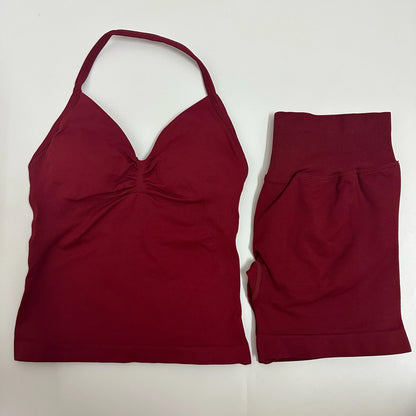 2-Piece Women’s Yoga Set – Seamless Longline Strappy Tank Top & Scrunch Sports Shorts, Summer Workout Gym Outfit