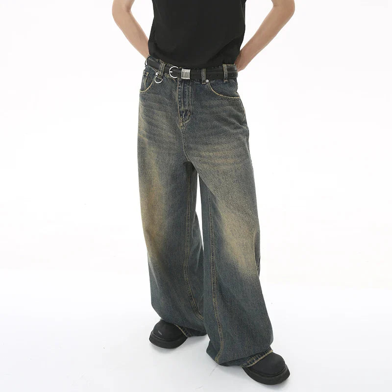 IEFB Men’s Summer Denim Jeans – Washed Blue Straight Loose Wide-Leg Casual Pants