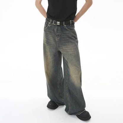 IEFB Men’s Summer Denim Jeans – Washed Blue Straight Loose Wide-Leg Casual Pants