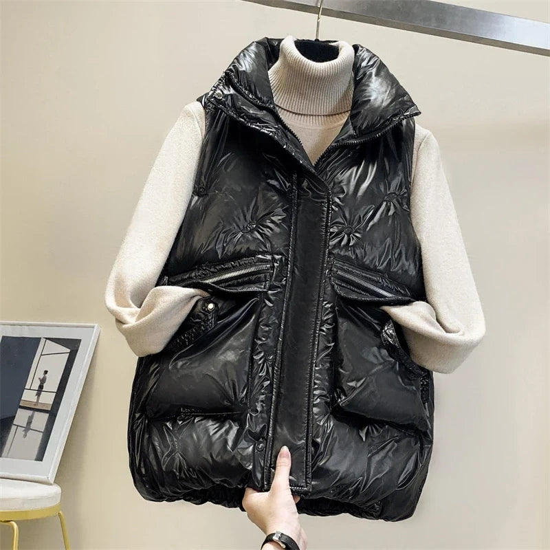 Women's Sleeveless Puffer Vest - Short Bright-Finish Winter Down Cotton Waistcoat Jacket
