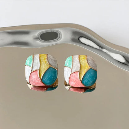 Colorful Square Patchwork Stud Earrings – Romantic Ear Jewelry for Women Christmas Gift