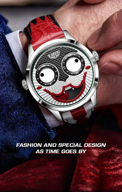 LIGE 2025 Men’s Creative Clown Quartz Watch – Waterproof Leather Strap Joker Fashion Wristwatch