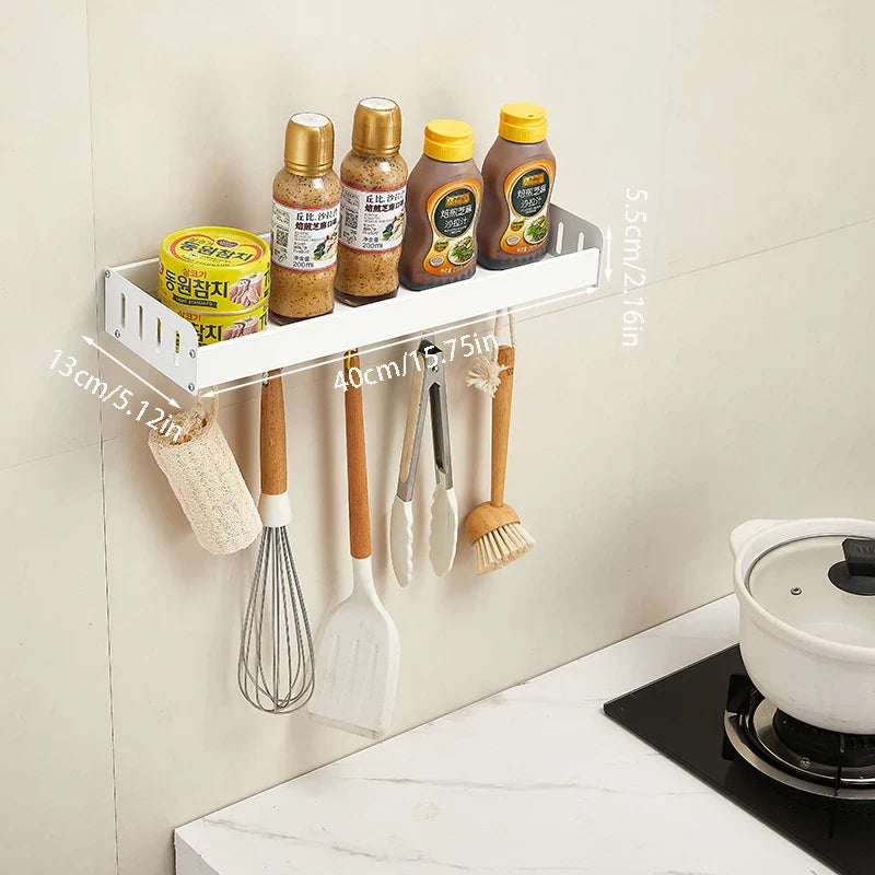 Wall-Mounted Kitchen Spice Rack Organizer with Hanging Hooks – Kitchen Storage Shelf for Condiments