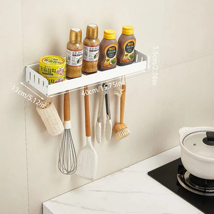 Wall-Mounted Kitchen Spice Rack Organizer with Hanging Hooks – Kitchen Storage Shelf for Condiments
