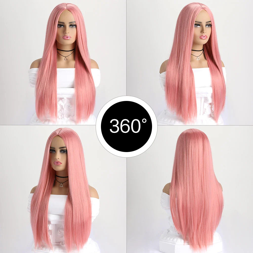 26-Inch Long Straight Wig with Mid Bangs – Black Ombre Heat-Resistant Wig for Women, Daily Wear, Cosplay & Halloween