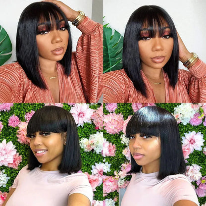 3-in-1 Middle Part Bob Lace Wig — Straight Short Human Hair with Bangs, Machine Made for Women