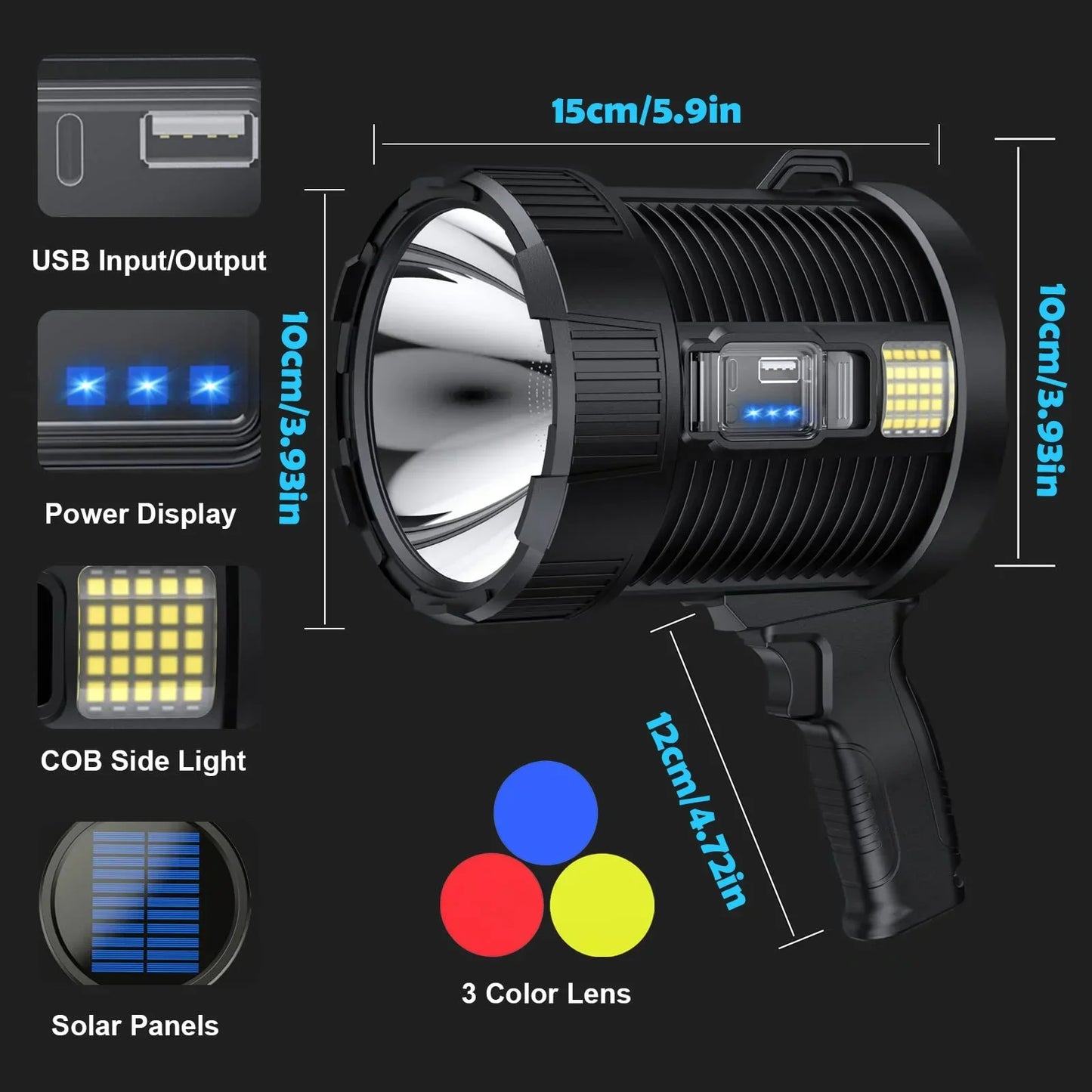 Rechargeable 900,000 Lumens LED Spotlight – Super Bright Handheld Outdoor Flashlight & Solar Searchlight