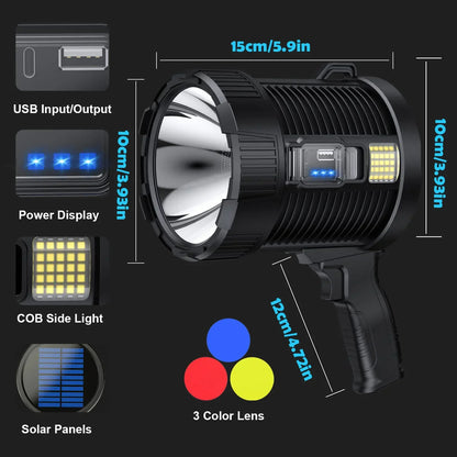 Rechargeable 900,000 Lumens LED Spotlight – Super Bright Handheld Outdoor Flashlight & Solar Searchlight