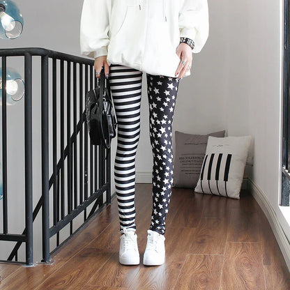 Women Star Print Elastic Jeggings – High Waist Stripe Cropped Pencil Leggings Fashion Skinny Pants L1071