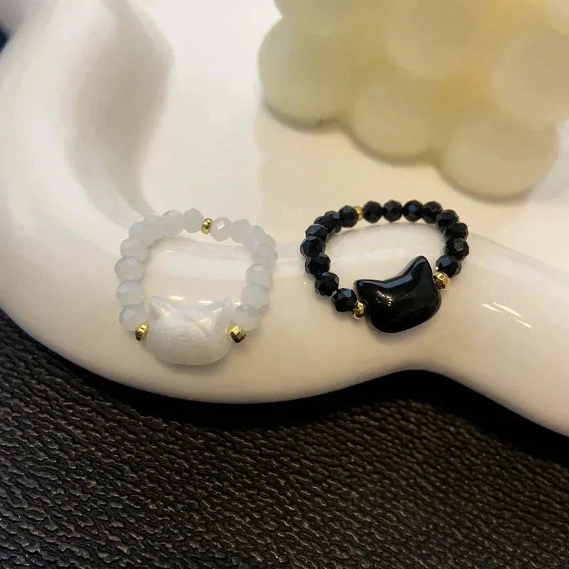 Natural Moonstone Obsidian Cat Rings - Minimalist Beaded Fidget Rings Black & White Couple Jewelry for Women & Men Party Accessories