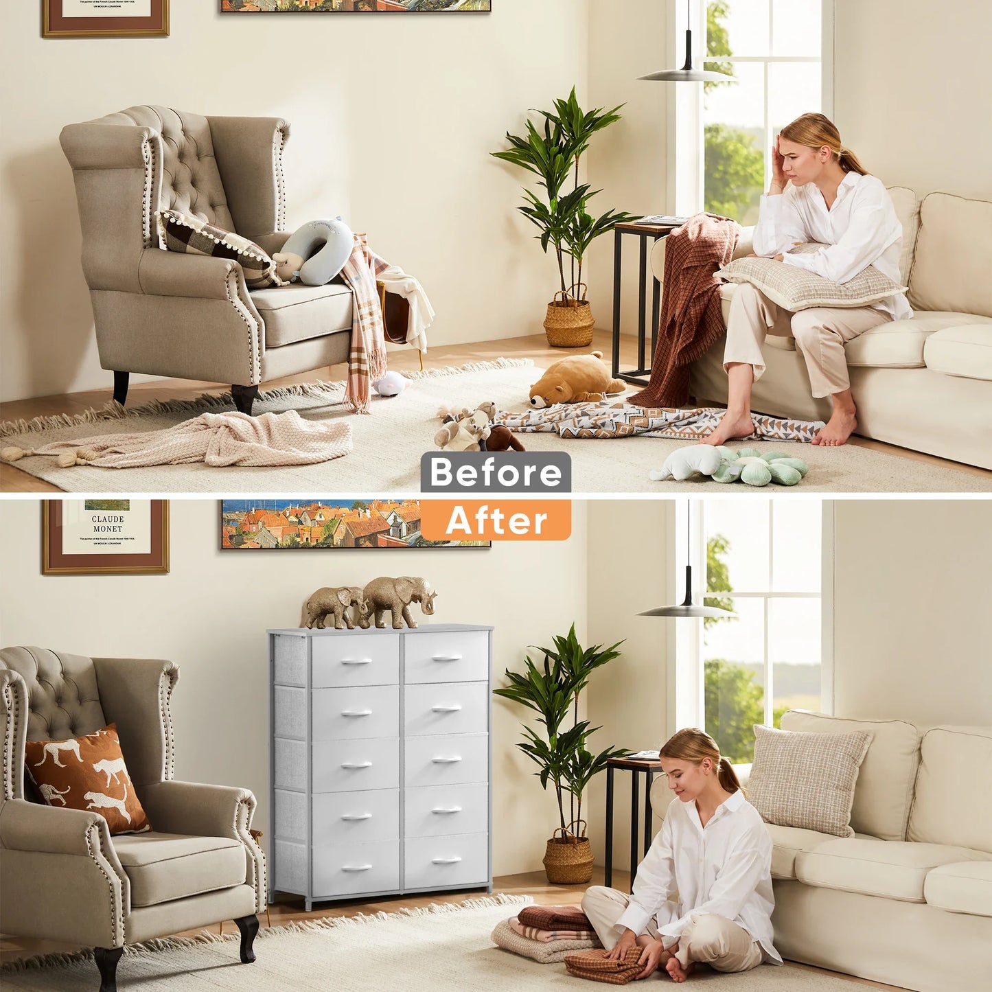 White Wardrobe Closet with 5/7/10 Fabric Drawers – Bedroom Storage Chest Cabinet Furniture