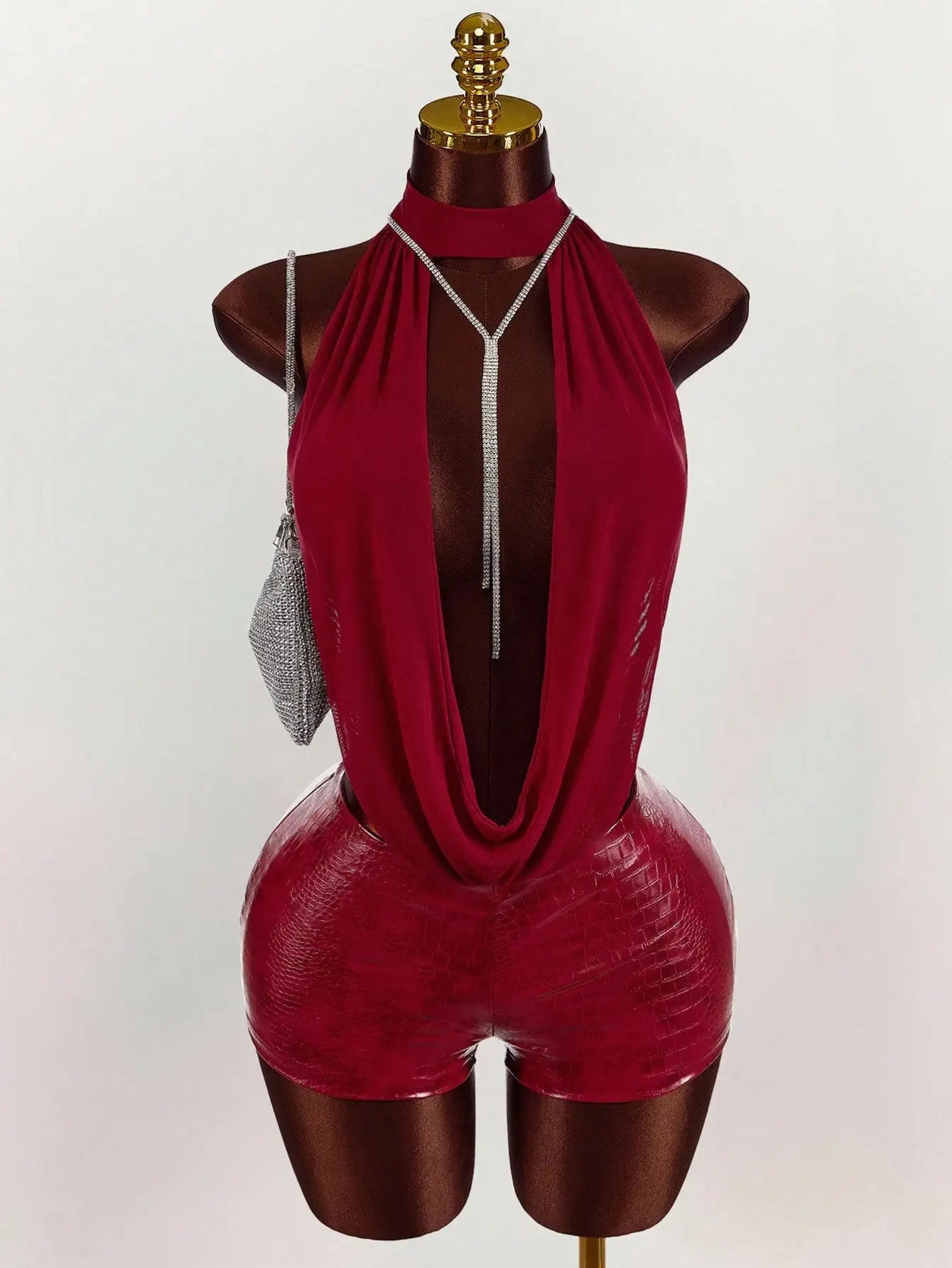 Women’s Mesh Halter Top Leather Jumpsuit - Solid Color Stylish Party & Club Outfit