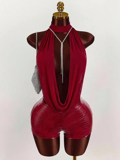 Women’s Mesh Halter Top Leather Jumpsuit - Solid Color Stylish Party & Club Outfit