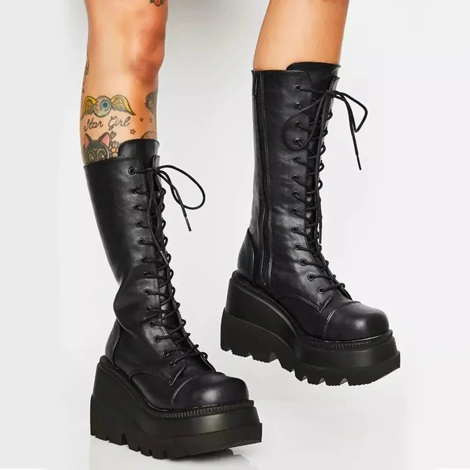 2024 Women’s Platform Mid-Calf Boots – Elastic Microfiber Chunky Heel Black Goth Spring & Autumn Shoes