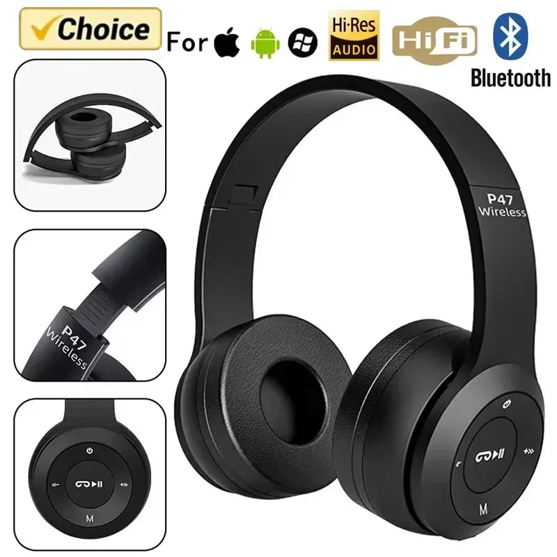 2025 New Stereo P47 Bluetooth Headset – Wireless 5.0 Sports Gaming Headset, Folding Design for iPhone & Xiaomi