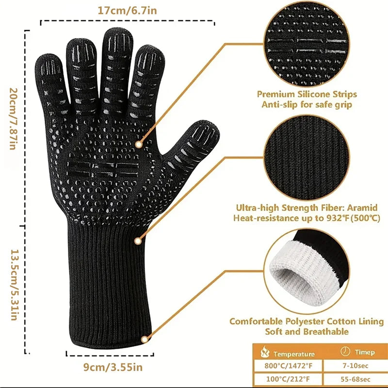 BBQ Gloves – High Temperature Resistance Oven Mitts for 500-800 Degrees – Fireproof Barbecue and Heat Insulation Microwave Gloves