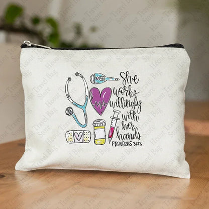 Nurse Gift Canvas Makeup Bag – Cute Coffee Print Zipper Pouch & Portable Cosmetic Organizer