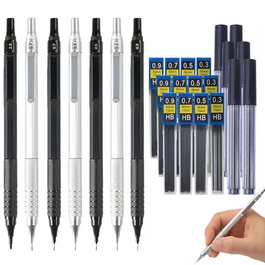 Low Center of Gravity Metal Mechanical Pencil Set – 0.3–2.0mm Lead Refills for Art, Sketching, Painting, and Writing