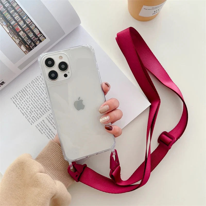 Crossbody Shoulder Strap Phone Case - Transparent Shockproof Cover for iPhone 17 Air, 16, 15, 14, 13 Pro Max & More