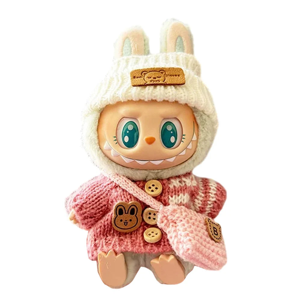 Labubu v1v2 Doll Clothes Outfit (15-17cm) – Sitting Party Bear Accessories with Scarf, Hat & Bag