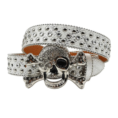Women’s Rhinestone Skull Leather Belt – Luxury Designer Studded Strap for Jeans, White & Black