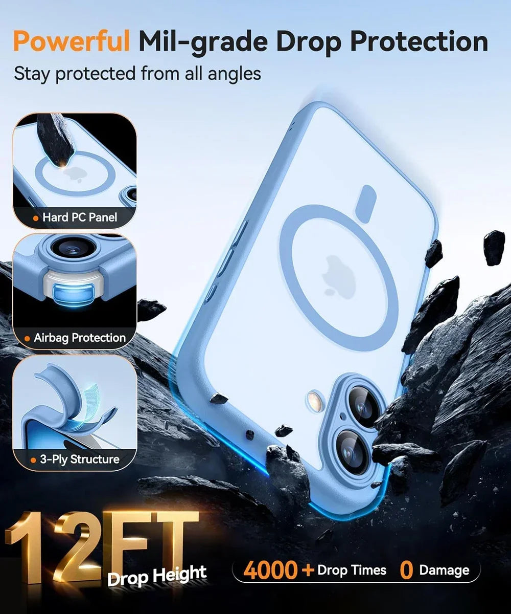 Magnetic Matte Translucent Armor Case – Shockproof Cover for iPhone 17, 16, 15, 14, 13, 12, 11 Pro Max Plus with MagSafe Wireless Charging