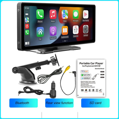 BQCC 10.26-Inch Portable Wireless CarPlay Screen – HD Rearview Camera, Car Radio DVR, MP5 Multimedia Player, Android Auto