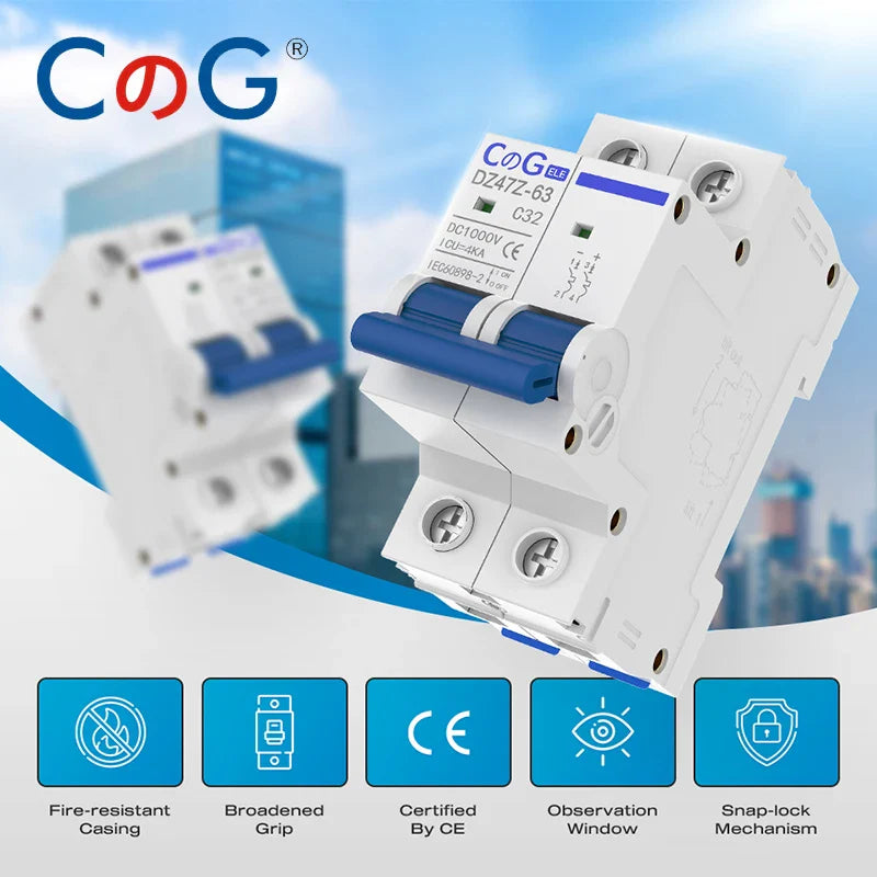 CG DZ47Z 2P DC Circuit Breaker MCB – 10A–63A 500V/1000V Din Rail Mount Switch for Solar PV System Protection Disconnect Switch