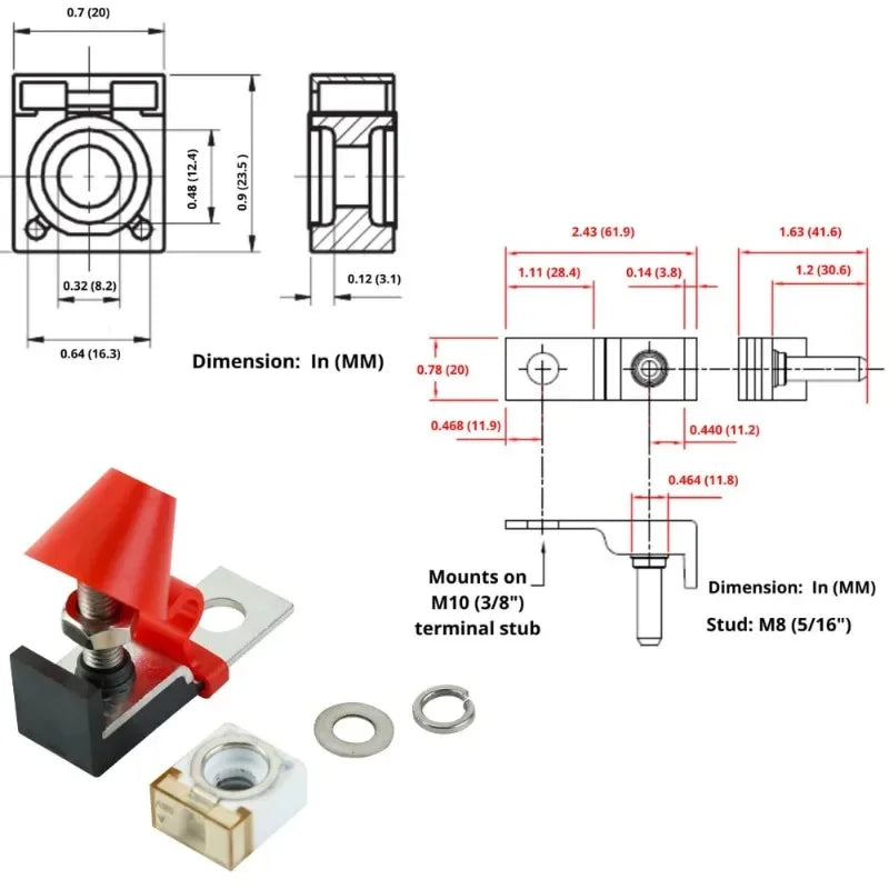 BLUSUNSOLAR Terminal Fuse Block Kit – Single Stud M8 (5/16") with Waterproof Battery Fuse MRBF Protection