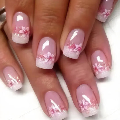 24PCS Short Square Coffin False Nails – French Glitter Acrylic Press-On Nail Tips with Glue, Wearable Fake Nails Set
