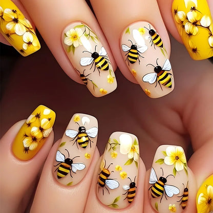 24pcs Blue Golden Stripe Press-On Nails Shiny Powder Long Square Full Cover False Nail Tips Wearable Love Design