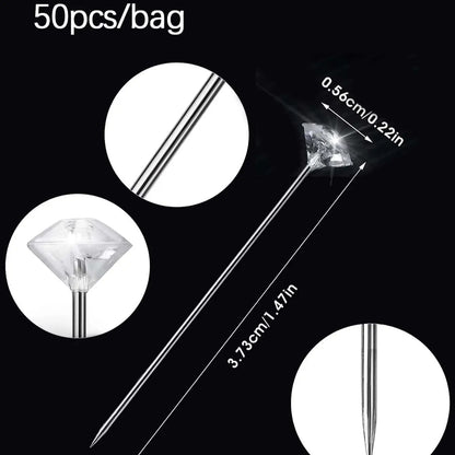 1Box 50Pcs Alloy Pins – Transparent Diamond Wedding Bouquet Pins & Stitching Needles, Plastic Box Sewing Accessories