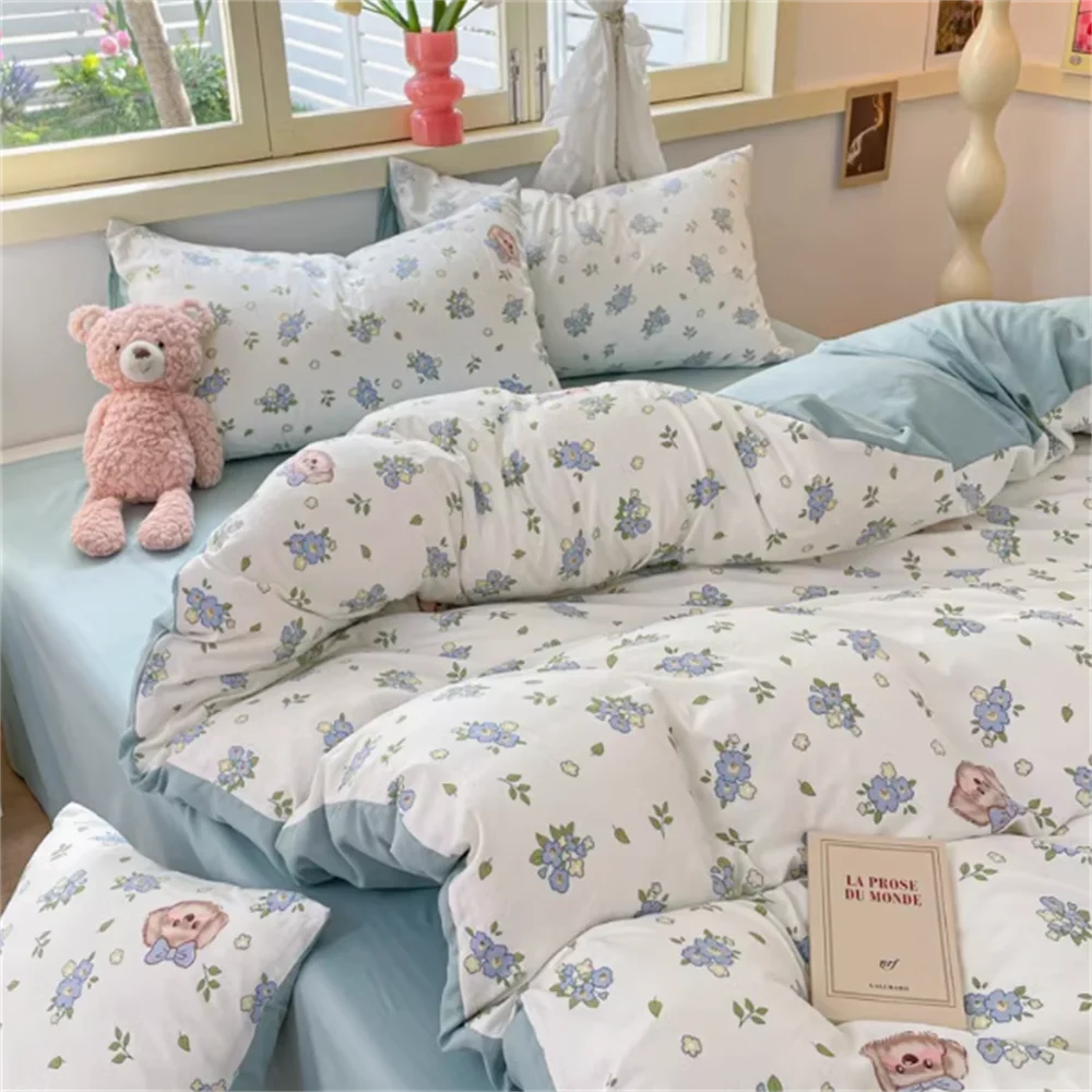 Wrinkled Yarn Washed Cotton Bedding Set — Soft Duvet Cover and Bed Sheet Set, 3 or 4 Piece Non-Pure Cotton Bedroom Set