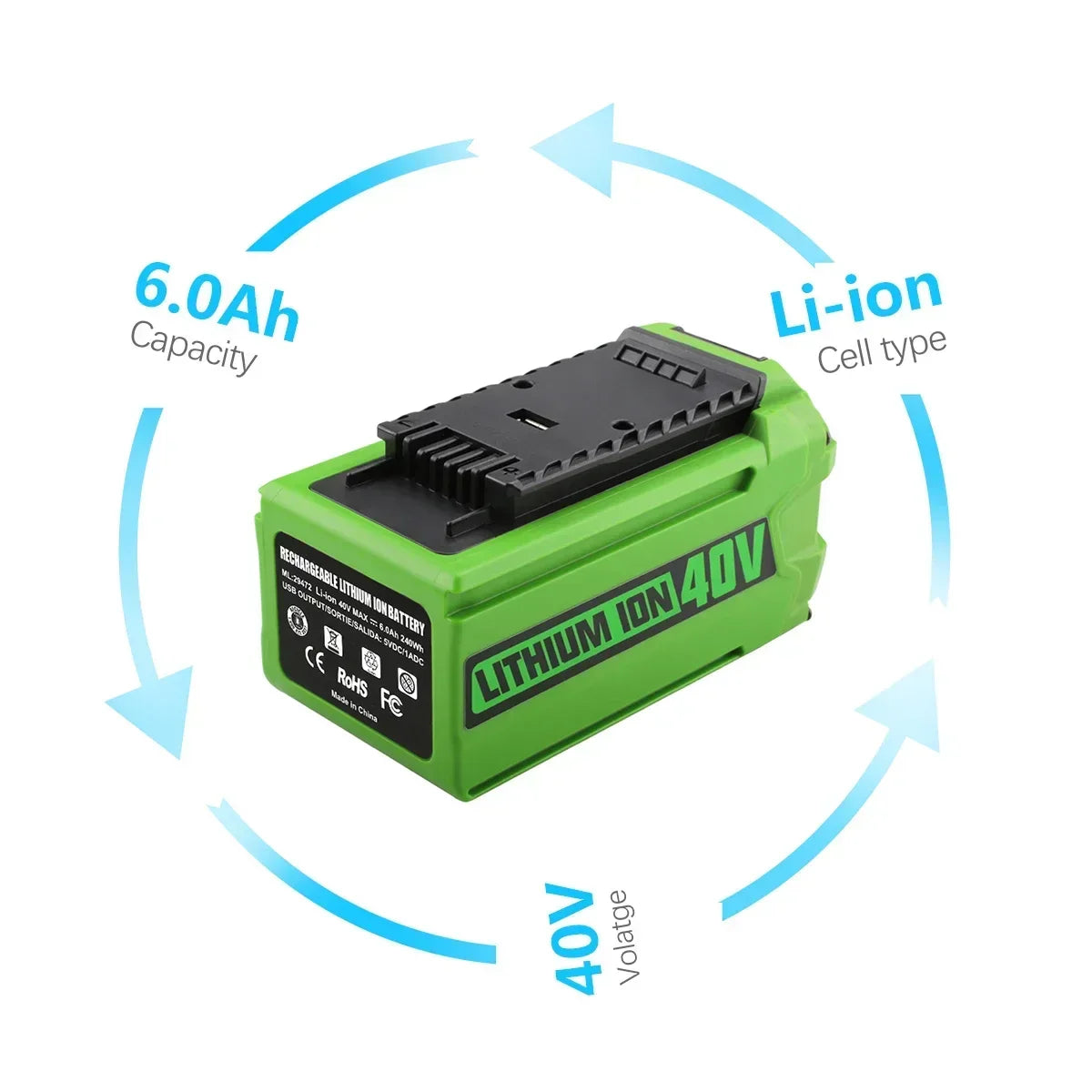 Greenworks 40V 6Ah G-MAX Li-Ion Replacement Battery – Compatible with Lawn Mowers & Power Tools