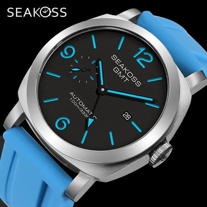 SEAKOSS GMT Men’s Diving Automatic Mechanical Watch — 10ATM Waterproof, 1963 Original 2557 Movement, Calendar, Sapphire Crystal