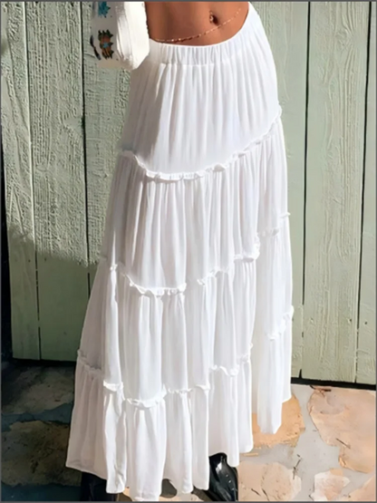Women’s High Waist White Autumn Skirt – Lotus Leaf Edge Pleated Solid Color Cake Skirt, Trendy Comfortable Design