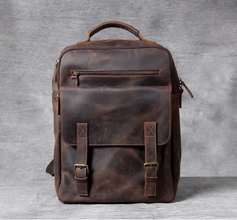 Vintage Crazy Horse Leather Backpack for Men — 17" Laptop Travel Rucksack Cowhide Hiking Bag M815