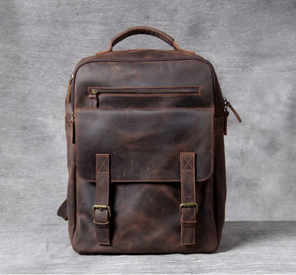 Vintage Crazy Horse Leather Backpack for Men — 17" Laptop Travel Rucksack Cowhide Hiking Bag M815