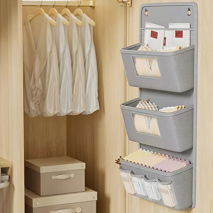 Gray Wall-Mounted Storage Organizer – Multi-Compartment Fabric Hanging Bag with Window & Hooks for Office or Closet